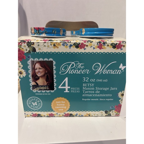 The Pioneer Woman Other - The Pioneer Woman Set of 4 Betsy Mason Storage Jars 32oz Lt Teal Floral Lids NIB